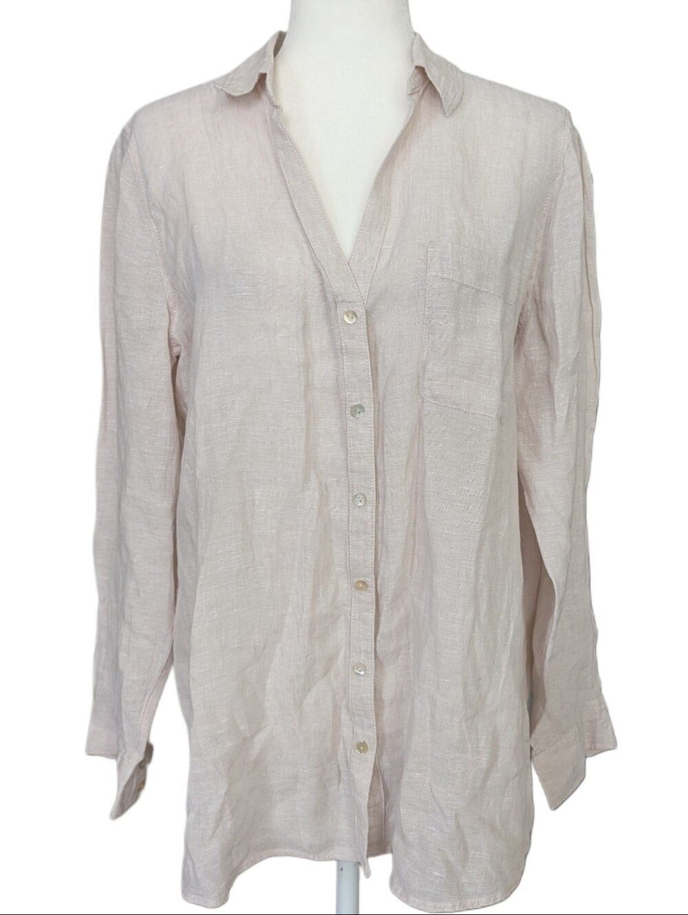 Sigrid Olsen Womens Cream Linen Abalone Button Down Lightweight Shirt Size Large